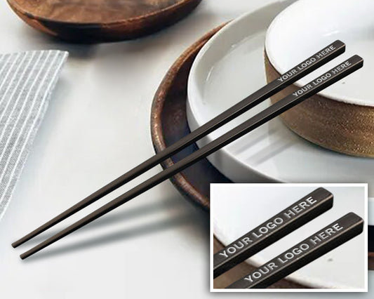 Custom Engraved Black Stainless Steel Chopsticks with Silver Logo