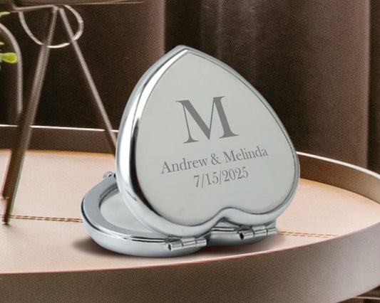 Custom Engraved Silver Heart Pocket Mirrors