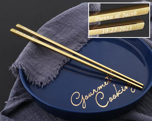 Custom Engraved Gold Stainless Steel Chopsticks with Silver Logo