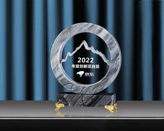 Custom Engraved Mountain Peak Round Crystal Trophy with Grey Marble Base