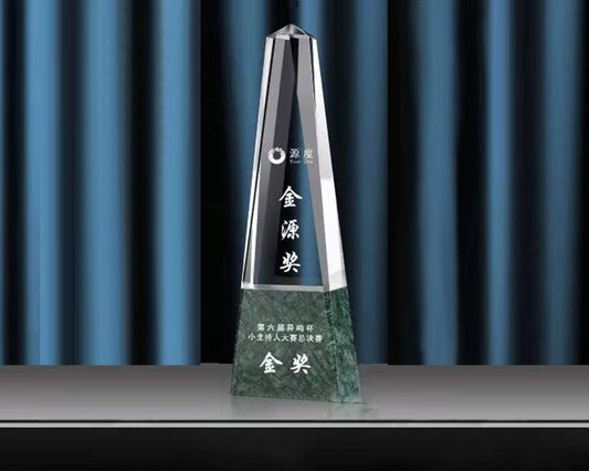 Custom Engraved Obelisk Crystal Trophy with Green Marble Base