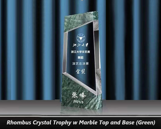 Custom Engraved Rhombus Crystal Trophy with Marble Top and Base