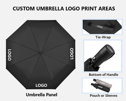 21" Custom Umbrella w Solid-Color Logo: 3-Fold, Fully-Automatic, Windproof