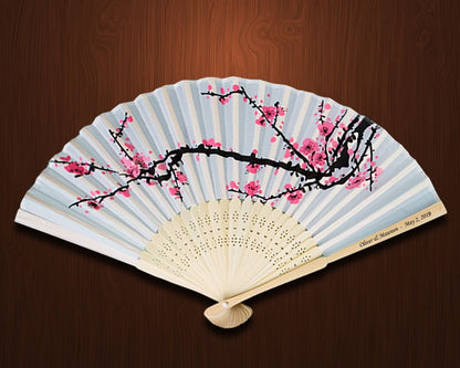 Imprinted Personalized Cherry Blossom Silk Fans w Side Print